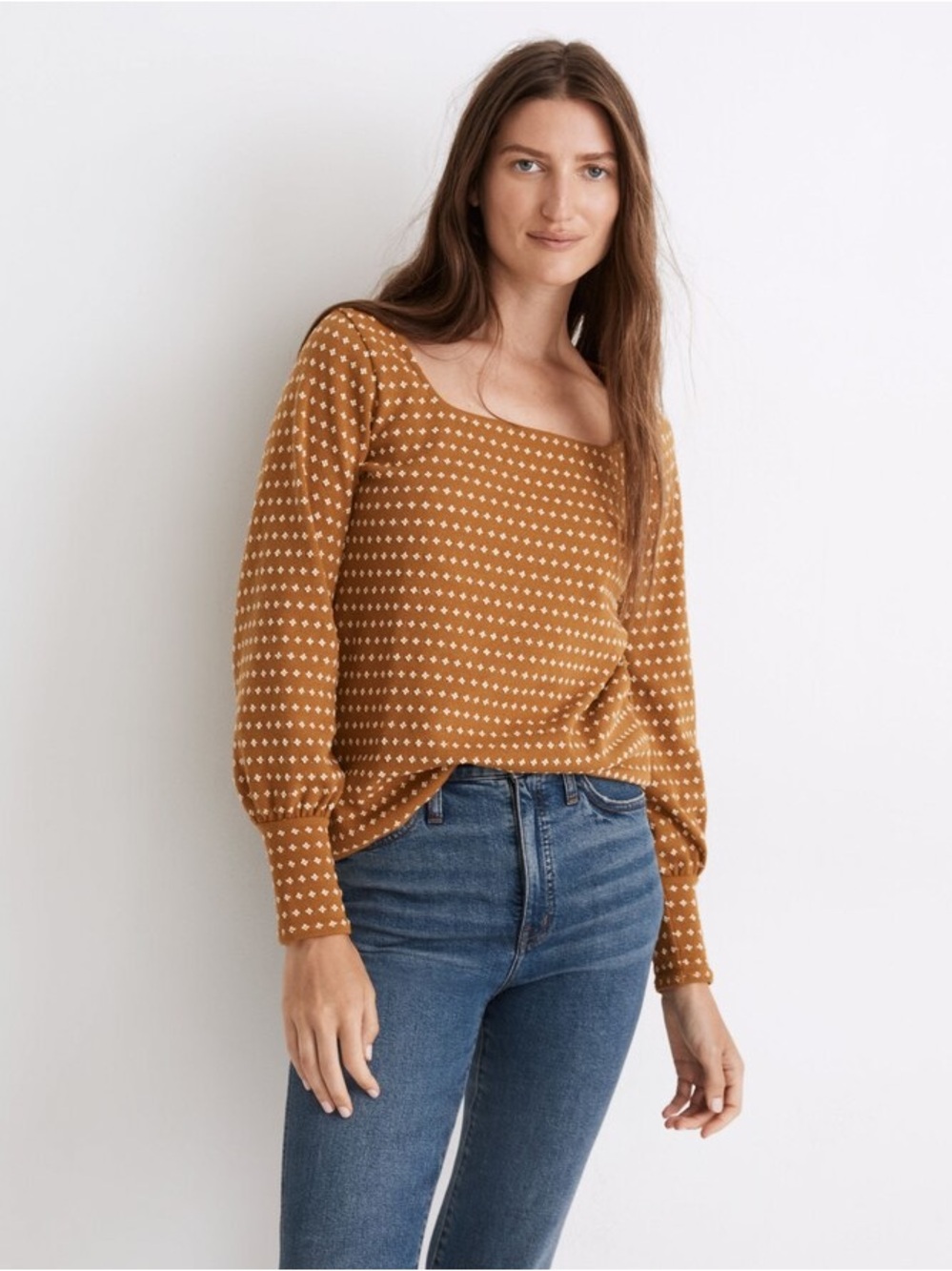 Madewell Square Neck Long Sleeve Knit Top in Mustard Dot Sz XS